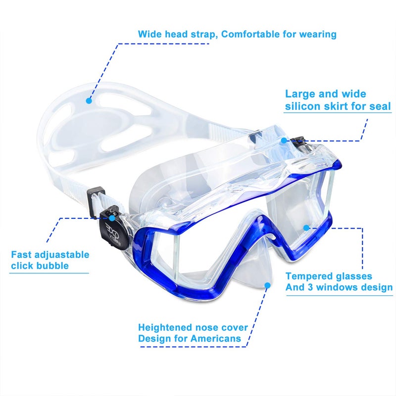 EXP VISION Adult Pano 3 Panoramic View Diving Mask, Tempered Glass Lens Scuba Snorkeling Dive Mask, Premium Swim Goggles with Nose Cover for Snorkeling, Freediving, Swimming (Clear Blue) - Image 3